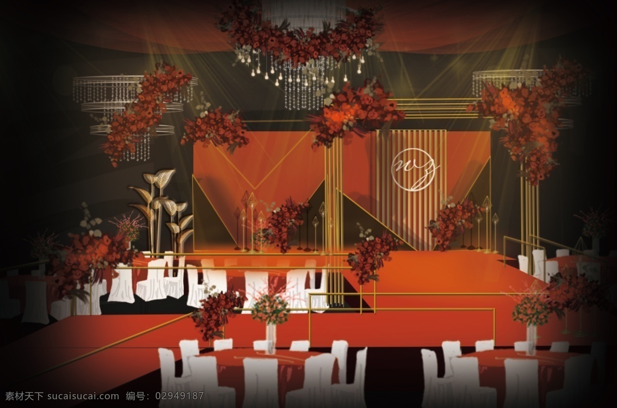 红色 时尚 婚礼 舞台 仪式 区 效果图 logo设计 钻石灯 大气 吊顶 金色铁艺 红色花艺 红色婚礼舞台