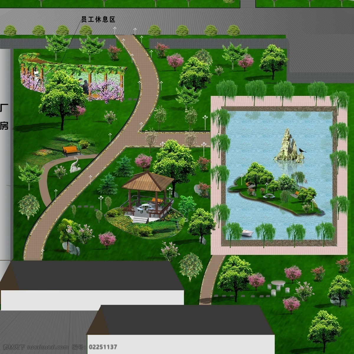 花园 绿化 效果图 绿化效果图 绿化树木 草坪 花 池塘 其他设计 环境设计 源文件