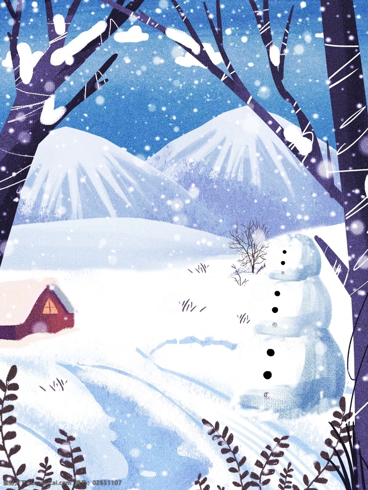 彩绘 冬季 雪地 背景 树林 雪山 背景图 创意 滑雪 雪人 广告背景 psd背景 背景展板 促销背景 背景展板图