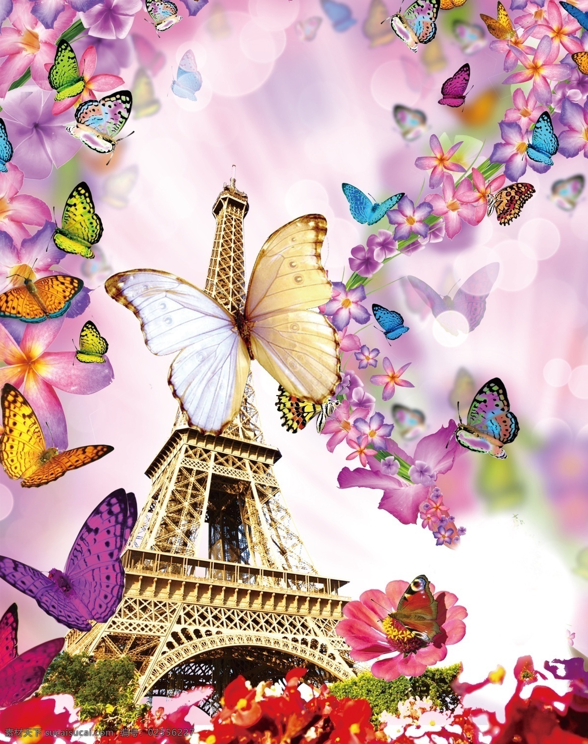 埃菲尔铁塔 欧美建筑 手绘花 印花图案 欧美风 花 个性图案 蝴蝶 文化艺术