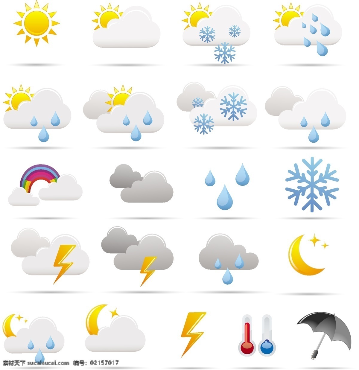 创意 天气 图标 打雷 下雨 多云 下雪 雪花 晴天 阴天 天气图标 图标设计 网页图标 标志图标 矢量素材 白色