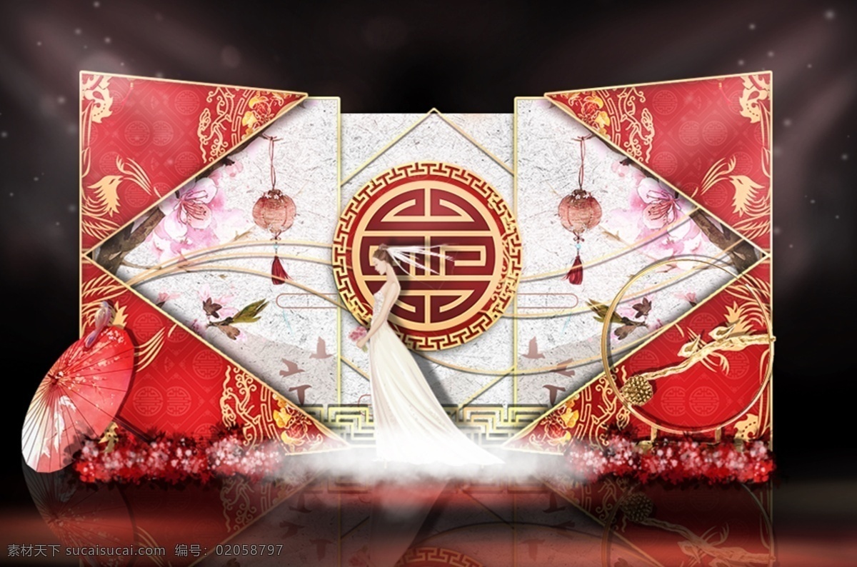中式 红 金色 几何 婚礼 效果图 红色 铁艺 几何形状 婚礼效果图