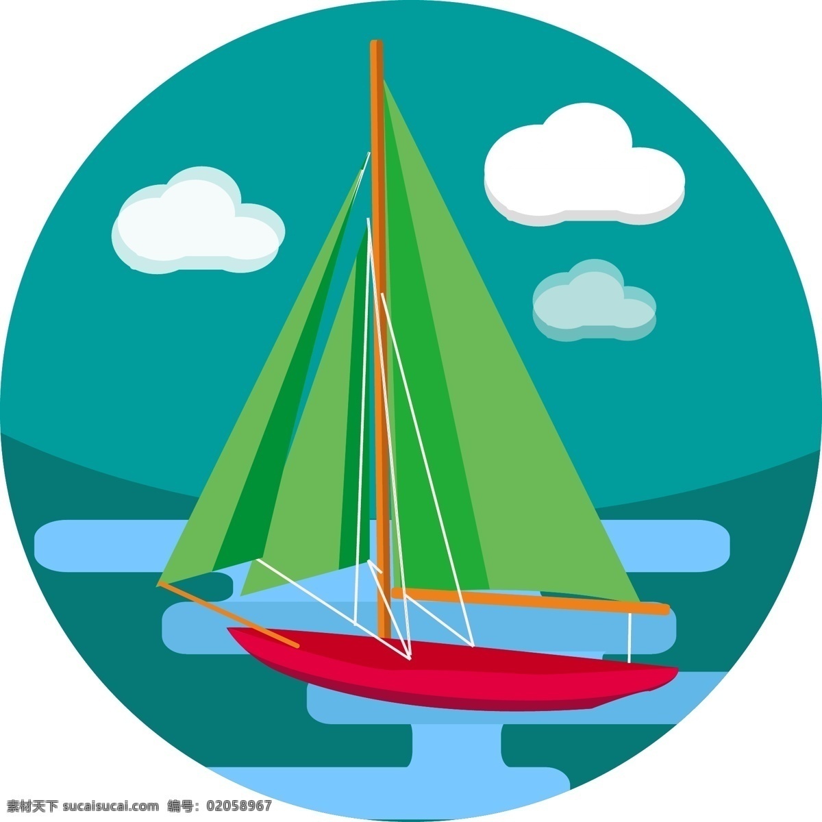 精美 海中 航行 帆船 卡通 扁平 元素 大海