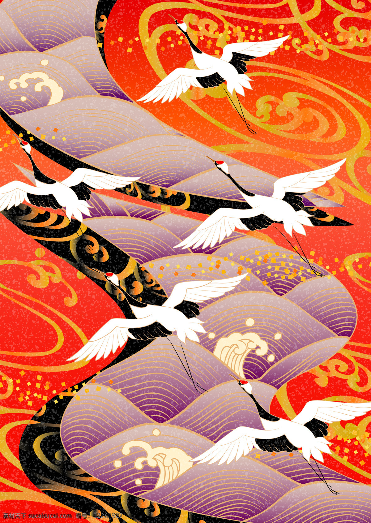 日本 风格 中 色彩 鹤 海浪 底纹边框 背景底纹 设计图库 祝