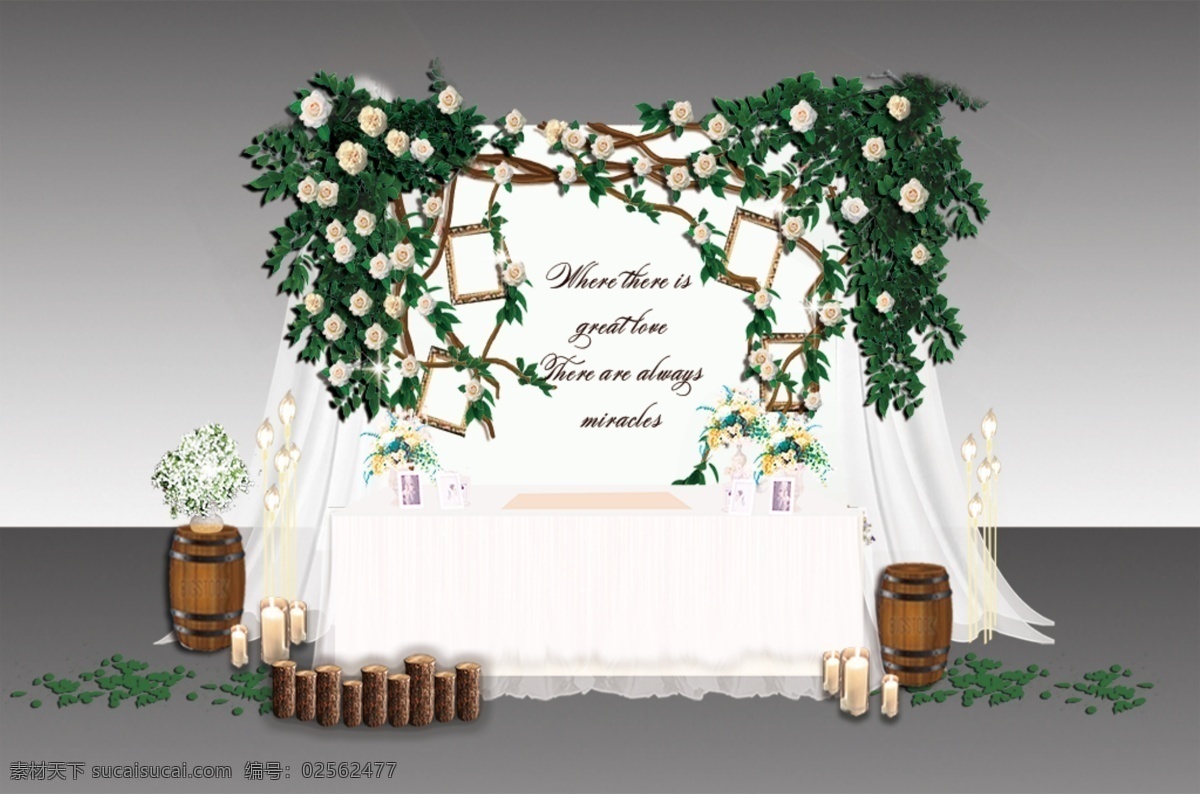 白 绿 婚礼 签到 区 浪漫 小清新 木桩 白绿 花墙