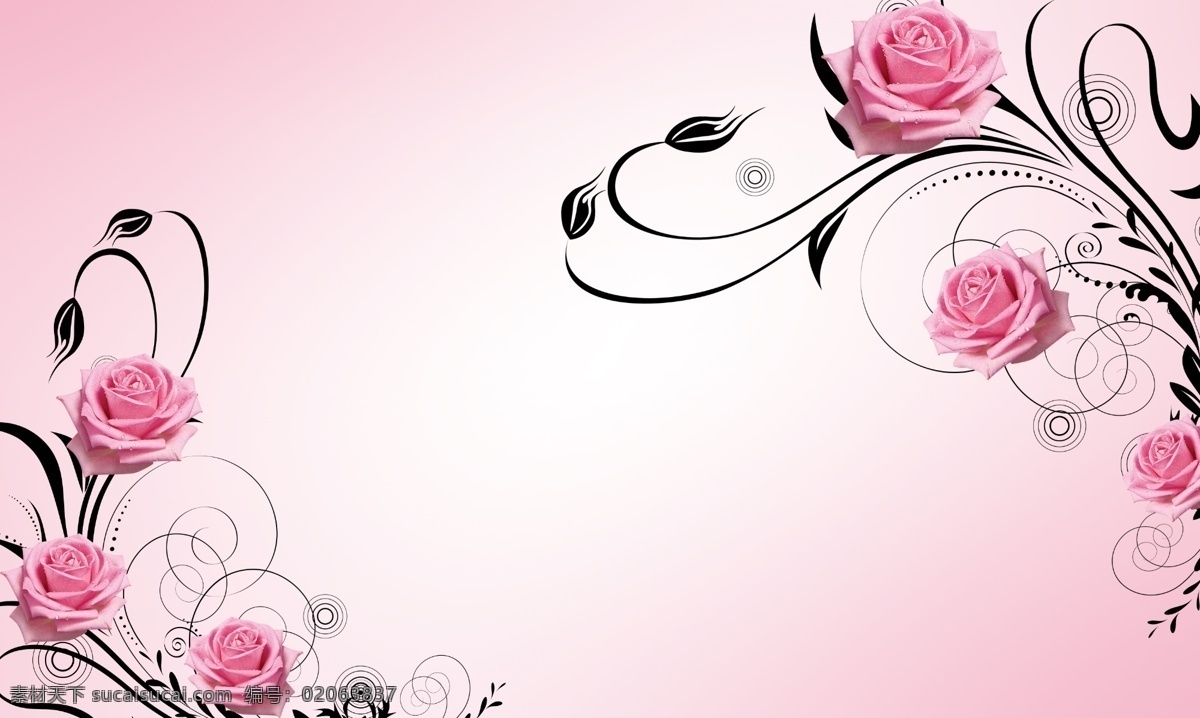 玫瑰背景 玫瑰 粉色 花纹 线条花纹 时尚花纹 圆圈 黑色 曲线 粉色背景 玫瑰花 对角 装饰 墙壁 背景墙 设计素材 背景素材 分层 源文件