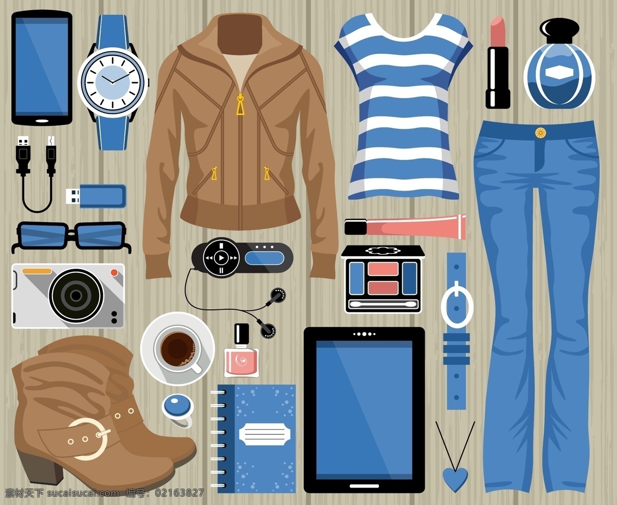 时尚 蓝色 女性用品 插画 服装 女性 用品 数码 手机 手表
