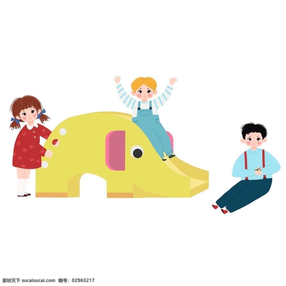 彩色 卡通 玩耍 幼儿园 小孩 商用 元素 插画 儿童 小朋友 男孩 女孩 滑滑梯