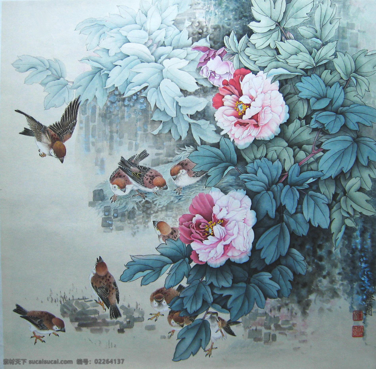 水彩国画 水墨画 国画 花 牡丹花 水彩线描 小鸟 绘画书法 文化艺术