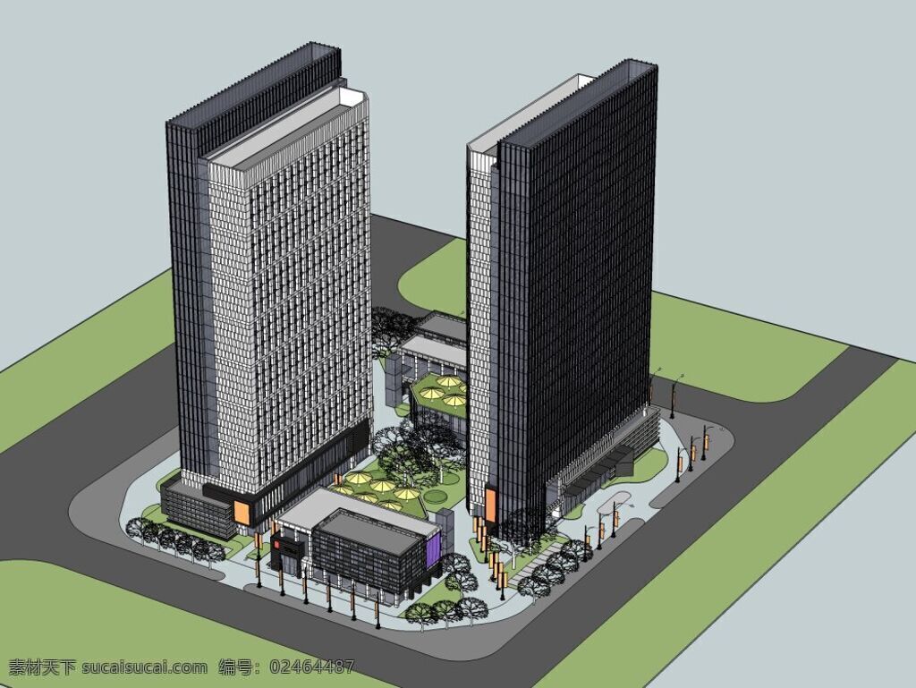 双子大楼 建筑 外观 大楼 双子楼 skp 灰色
