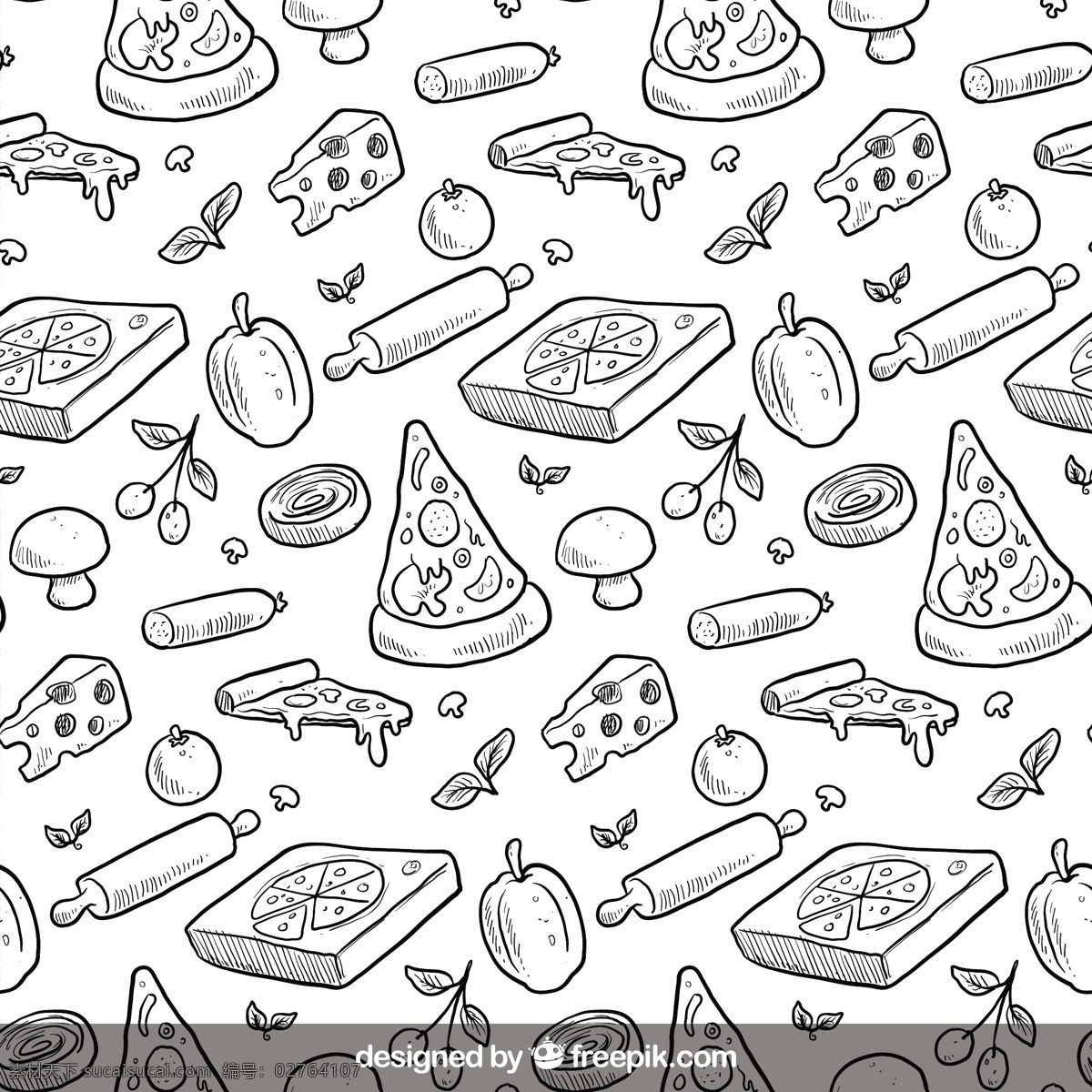 手绘比萨图案 模式 食品 手 比萨 手绘 蔬菜 销 意大利 奶酪 蘑菇 绘制 意大利食品 成分 橄榄 好吃 粗略 擀面杖 滚动 白色