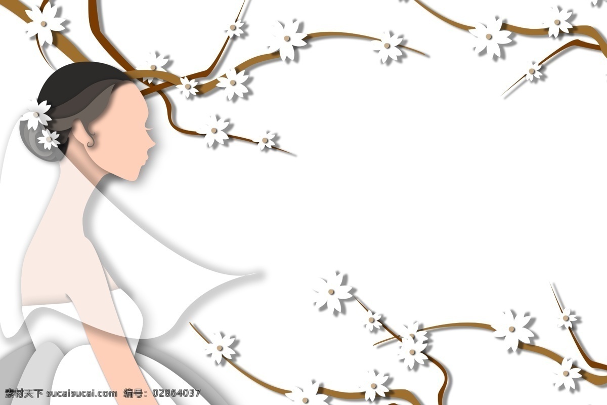女神 节 花枝 剪纸 边框 女神节边框 立体边框 穿婚纱的女神 白色花枝边框 边框装饰 剪纸边框 唯美的边框
