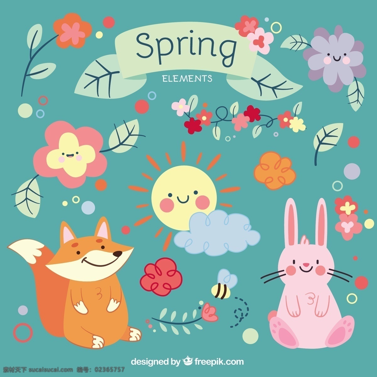可爱 的卡 通 动物 花卉 鲜花 阳光 自然 叶 卡通 春 可爱的蜜蜂 多彩 植物 兔 狐 元素 花 青色 天蓝色