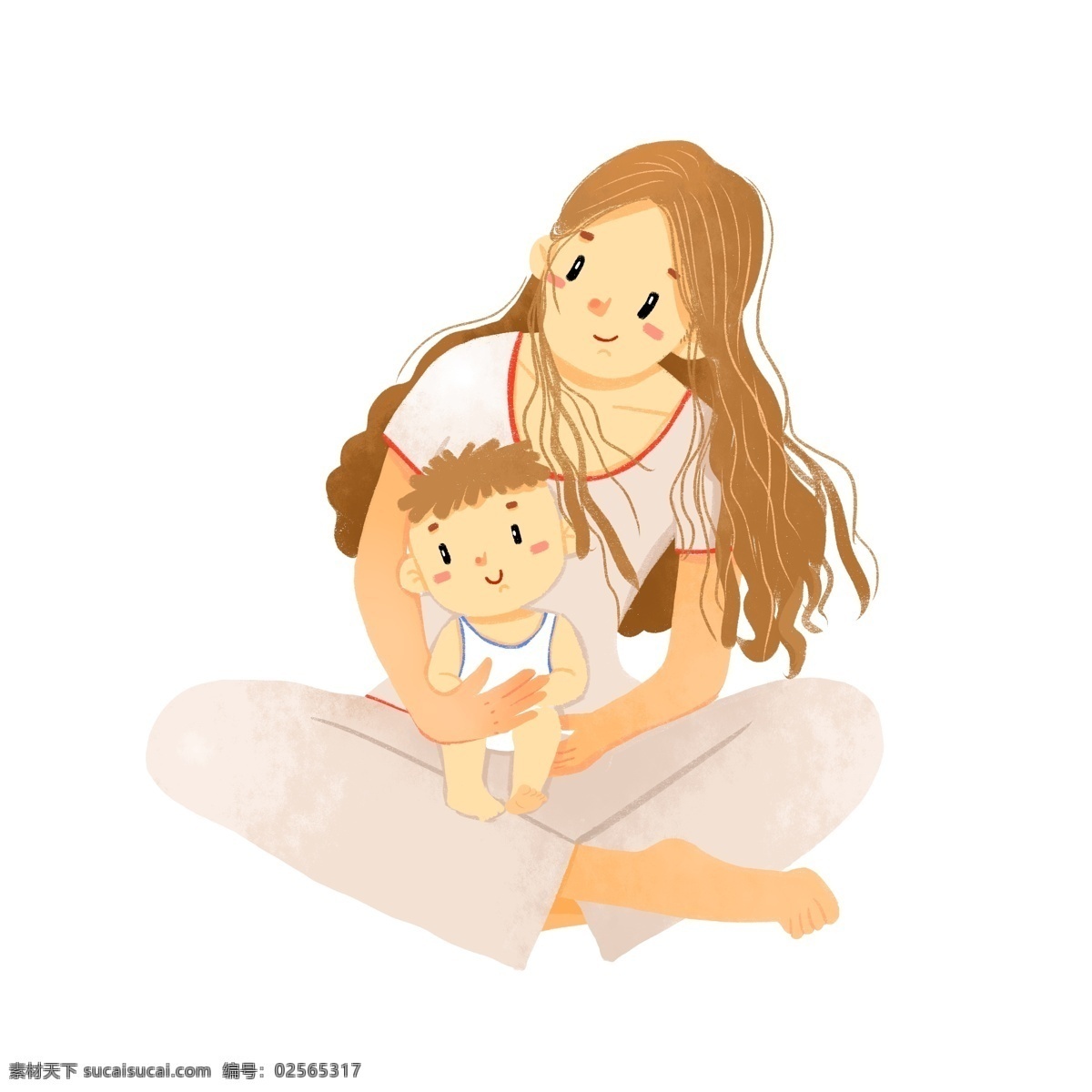 妈妈 抱 小 婴儿 怀里 baby 可爱 开心 幸福 母爱 高兴 卡通 人物 长发 亲自 互动 孩子 小男孩 坐在地上