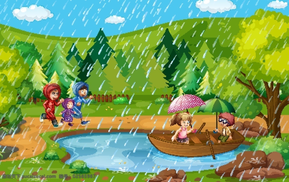 卡通雨季儿童 雨伞 撑伞 下雨天 儿童 学生 可爱 卡通 手绘 儿童素材 雨天 雨季 卡通设计