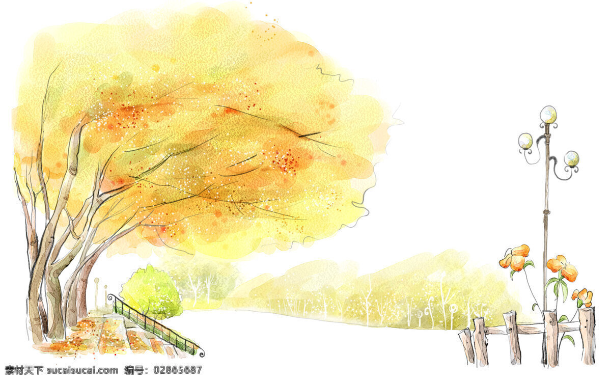 秋日 私语 金黄树叶 秋天 手绘 小道 卡通 动漫 可爱