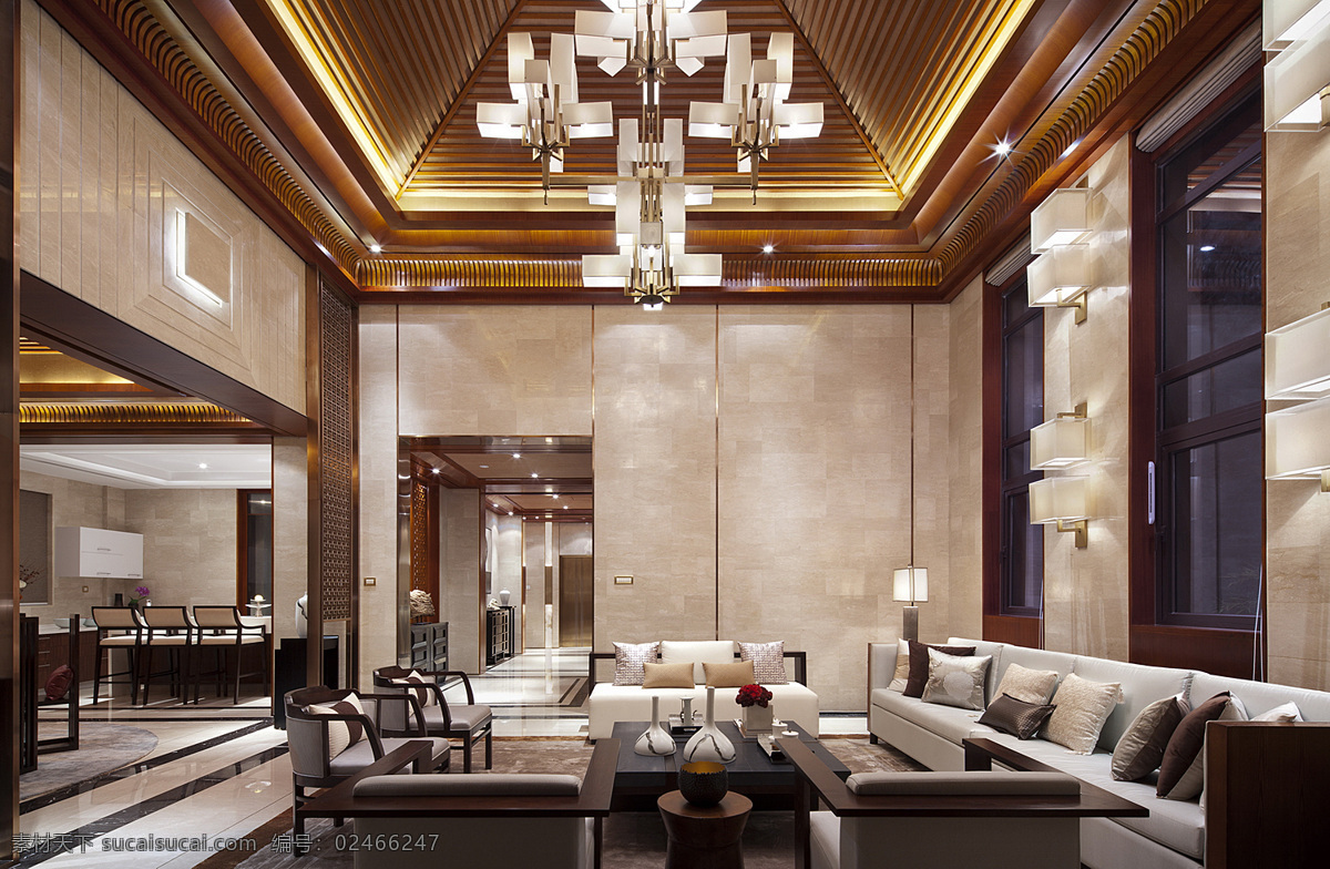现代 时尚 水晶灯 客厅 室内装修 效果图 方形茶几 长沙发组合 黑色茶几 壁灯