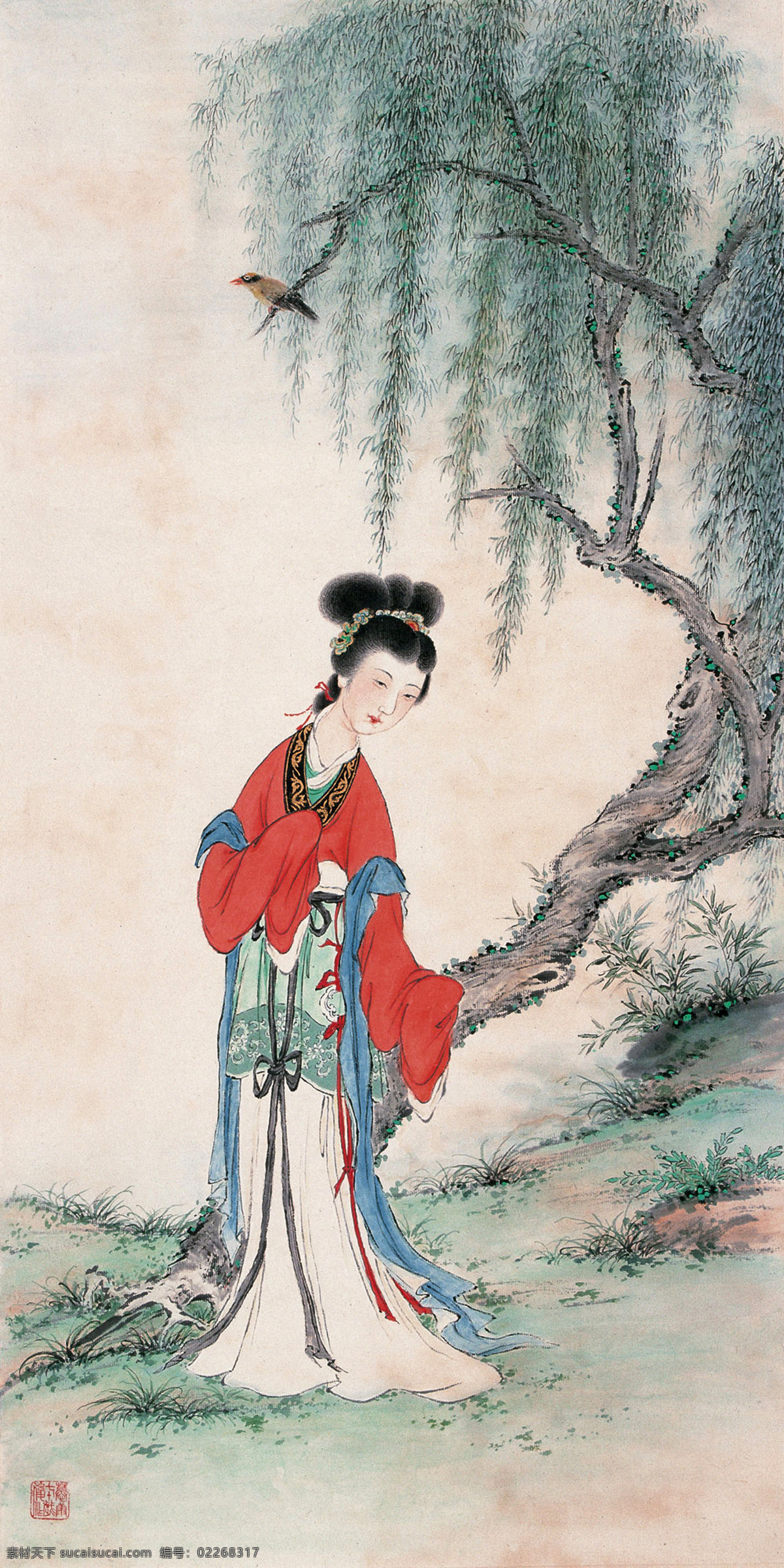 红衫 美女 头饰 玉佩 野花 青草 绿竹 山石 小鸟 柳树 仕女 国画 郑慕康 人物 工笔 古典 古代 印章 绘画 书法 高清 大图 艺术 传统文化 名家工笔仕女 绘画书法 文化艺术