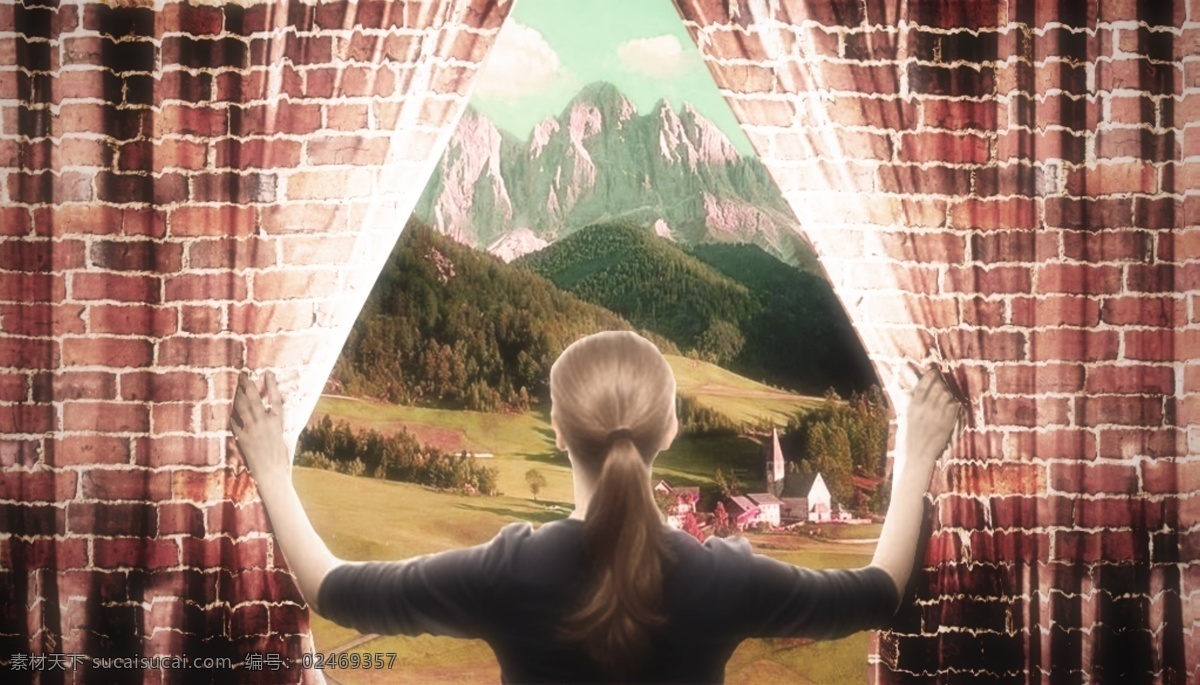 创意窗户 风景 山区 户外 个性创意 ui设计 墙壁 窗户 美女 美女看窗 室外风景 电商海报 分层