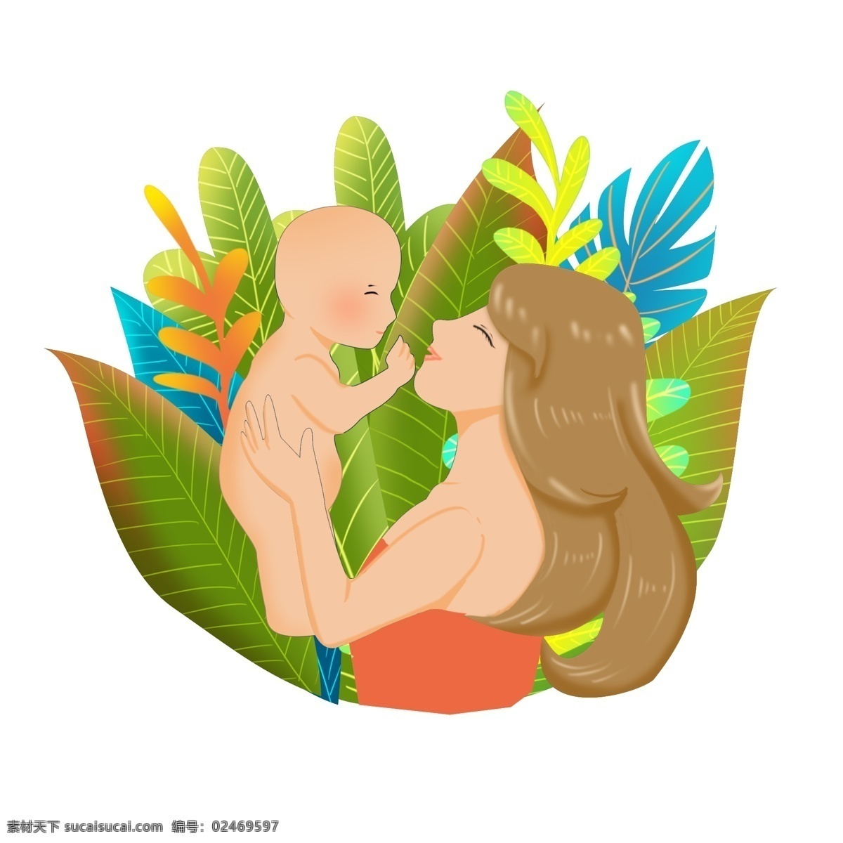 手绘 小 清新 抱 婴儿 妈妈 小清新 母爱 绿色1 植物 蓝色