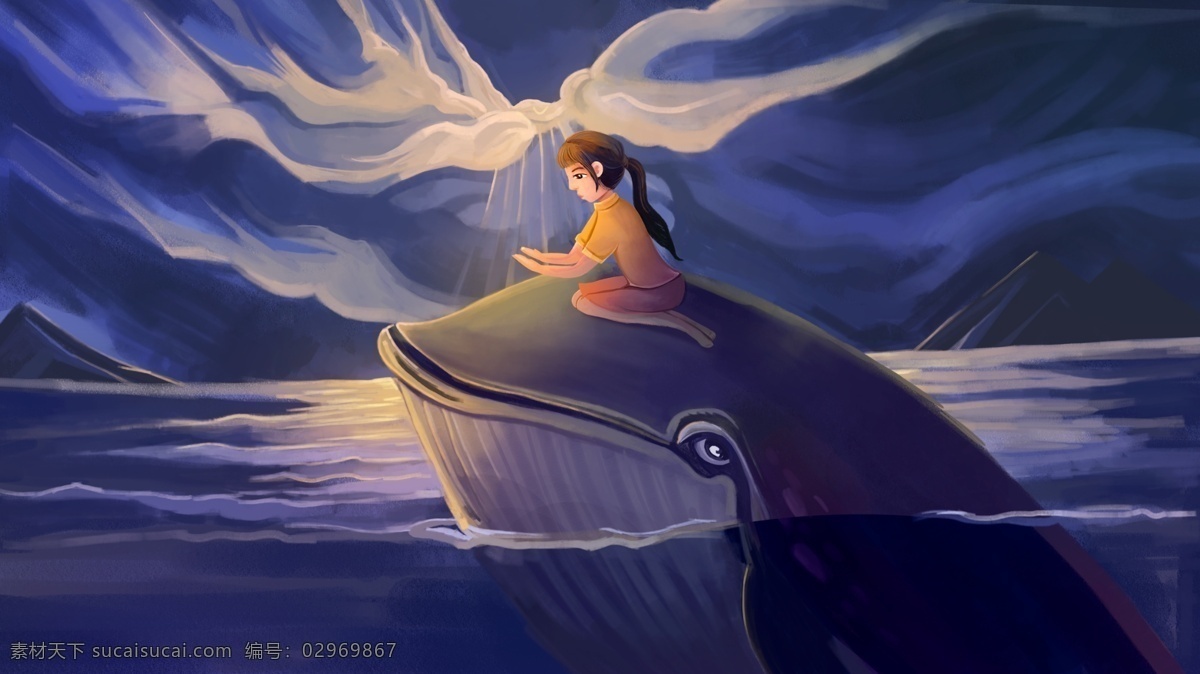厚 涂 唯美 风 鲸鱼 女孩 插画 温馨 云层 壁纸 厚涂风 少女 海面 山风