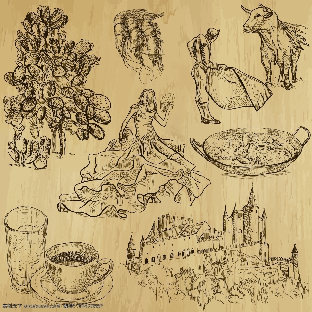 特色 地方 风情 插画 人物 大树 手绘 城堡 咖啡 美味 西班牙
