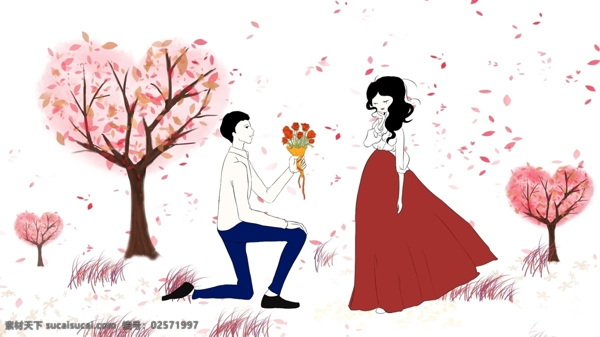 七夕 情人节 手绘 情侣 求婚 唯美 场景 七夕情人节 爱心 情人 粉色 小清新 插画 男女 人物 花瓣