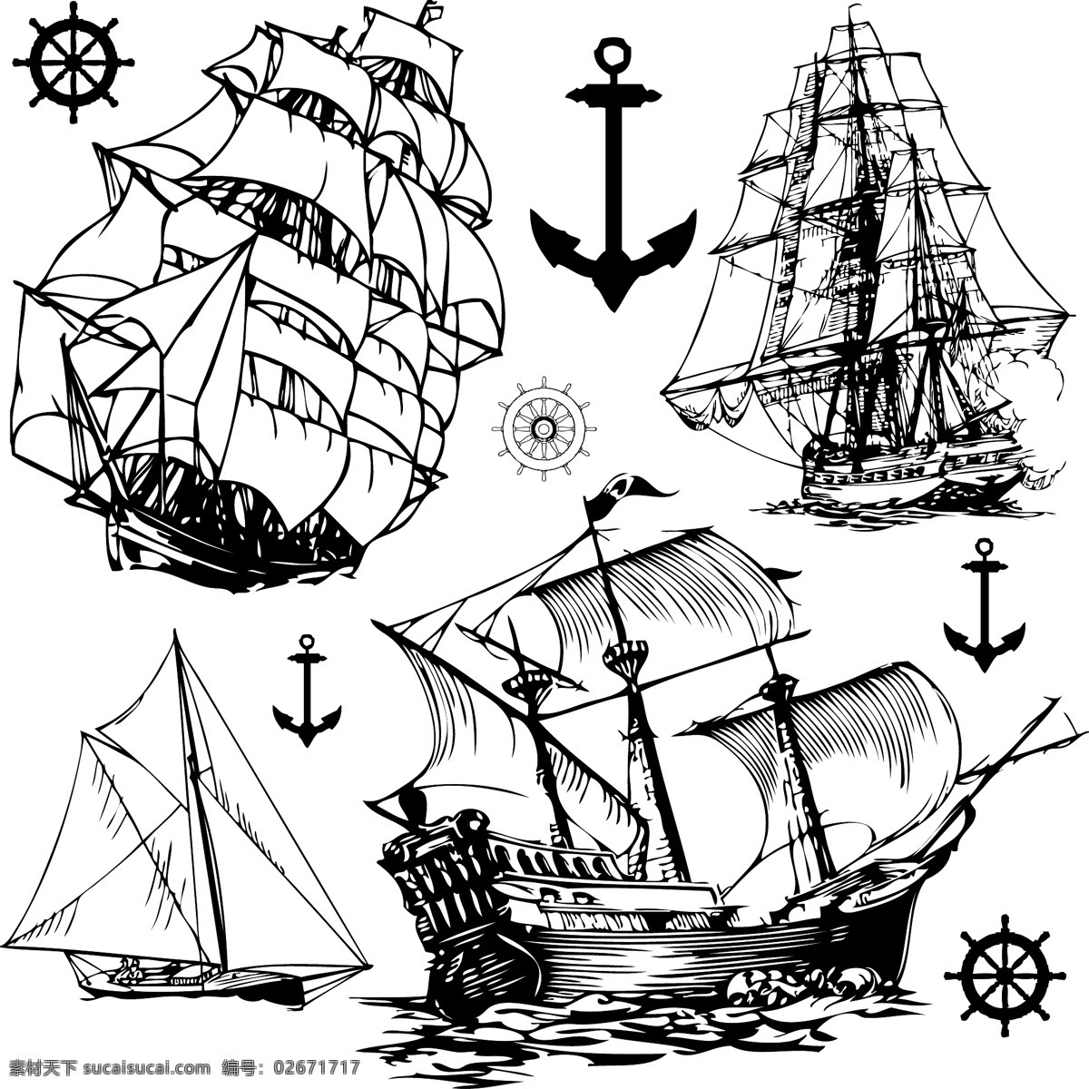 欧式 帆船 船舵 船锚 欧洲元素 水波 欧式帆船 传 矢量图