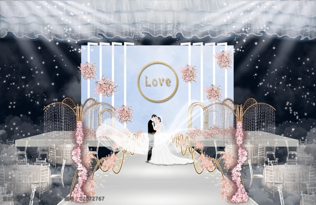 蓝 粉色 梦幻 婚礼 效果图 灯光 唯美 浪漫 蓝粉色系 纱幔 吊顶 love 铁艺道具 新人 花艺 氛围