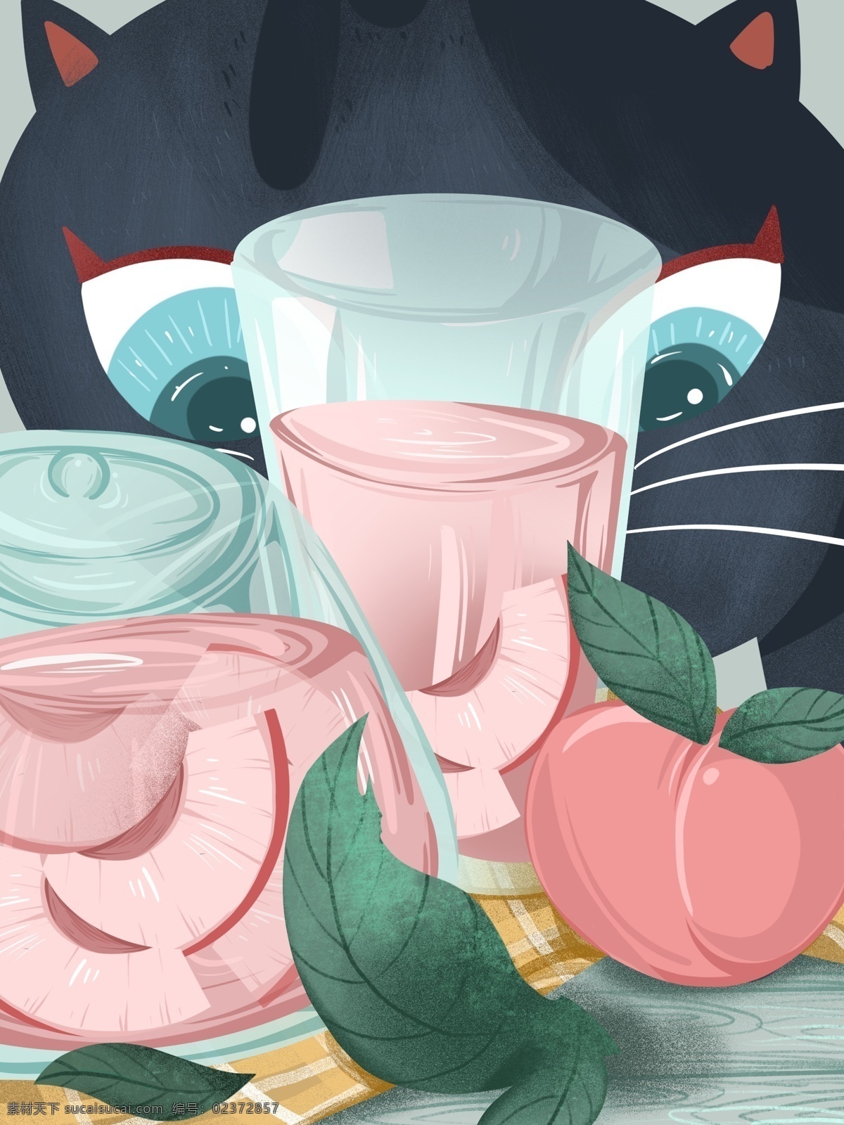 手绘 卡通 猫咪 插画 背景 通用背景 广告背景 背景素材 彩色背景 饮料背景 桃子 水果
