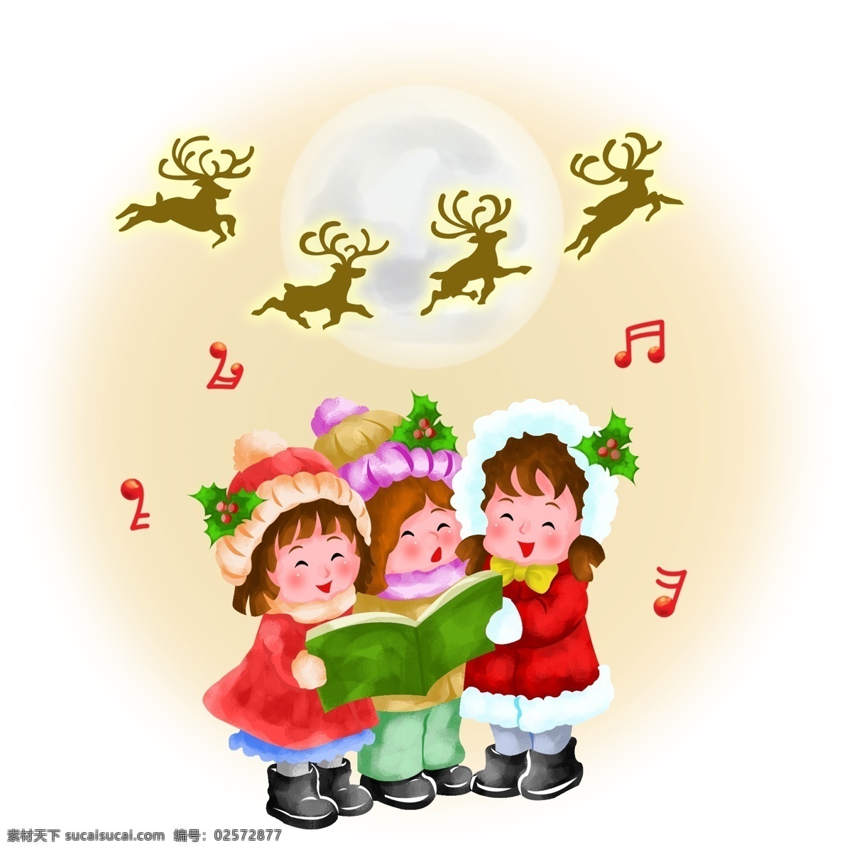 手绘 圣诞节 奔跑 驯鹿 插画 奔跑的驯鹿 唱歌的孩子 圣诞节插画 绿色的歌谱 卡通插画 优美的歌声 红色的音符