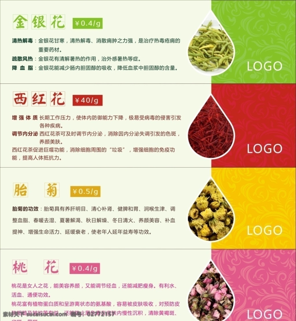 价格标签 花茶 中药 桃花 金银花 胎菊 西红花