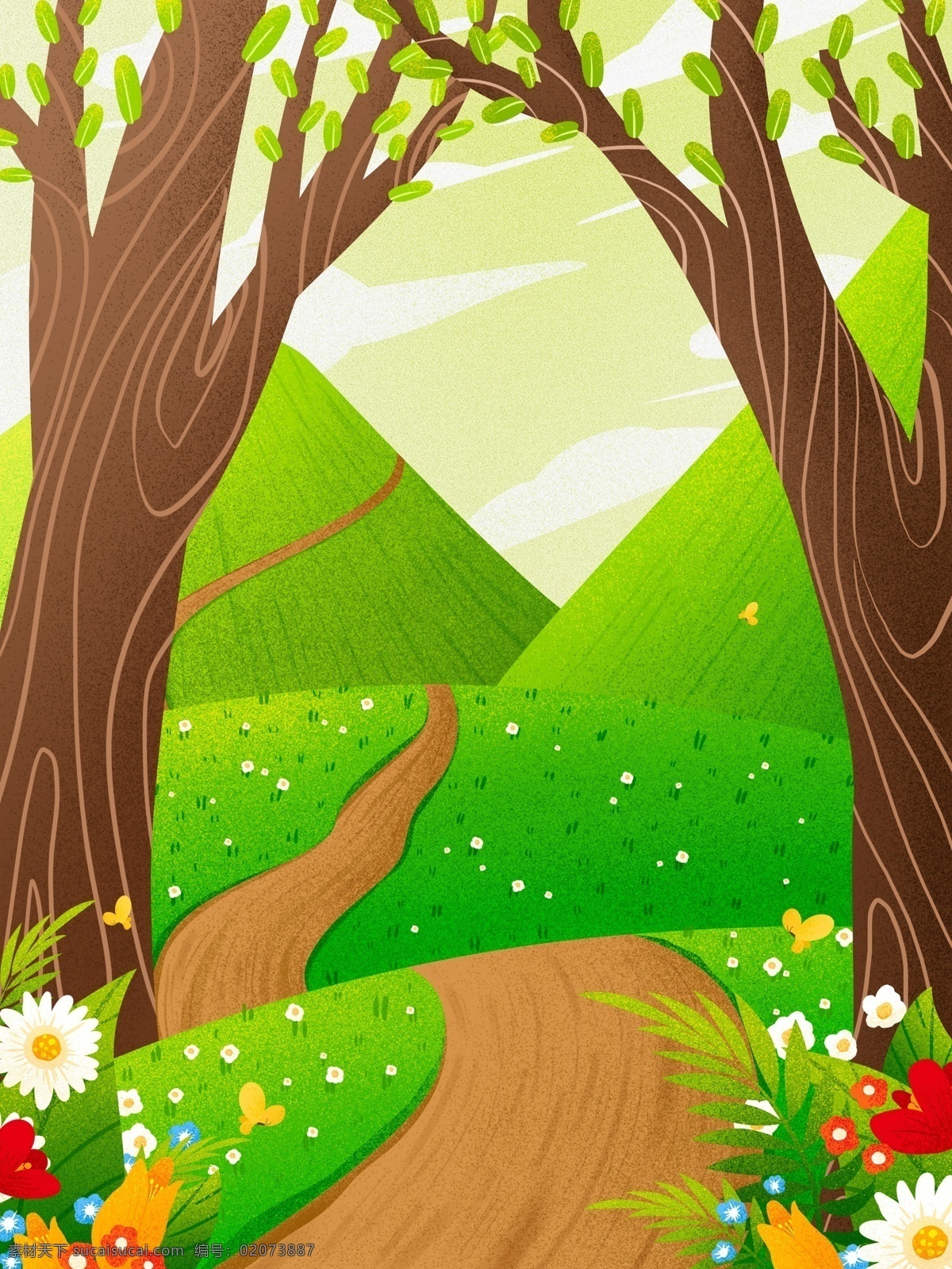 二十四节气 立春 树林 背景 绿色背景 治愈系背景 插画背景 植物背景 唯美 草地背景 绿地背景