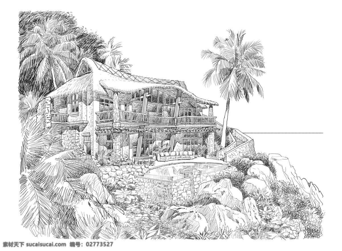 景观手绘 草屋 热带 东南亚 棕榈树 景观 手绘 度假圣地 景观台 海边 自然风光 自然景观