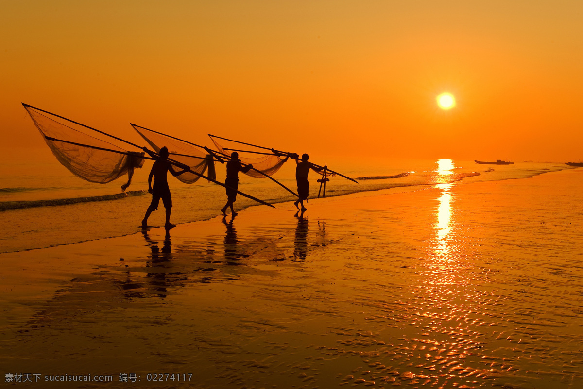 渔歌唱晚 夕阳 海边 渔民 霞阳 捕鱼 自然景观 自然风景