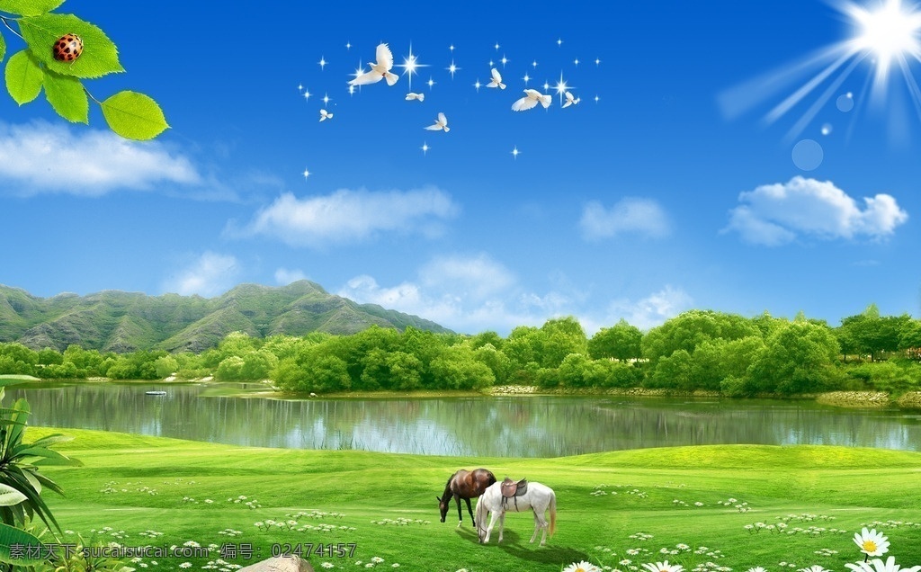 蓝天白云 模版下载 风景 草地风景 蓝天草地 自然风景 大自然 户外 景色 蓝天 白云 草 草地 树 树丛 树叶 山 水 山水 河 河水 石头 白鸽 鸽子 马 马匹 瓢虫 星光 阳光 风景画 装饰画 壁画 中堂画 挂画 展板模版 宣传栏 海报 宁静 美景 秀丽风景 源文件 ps