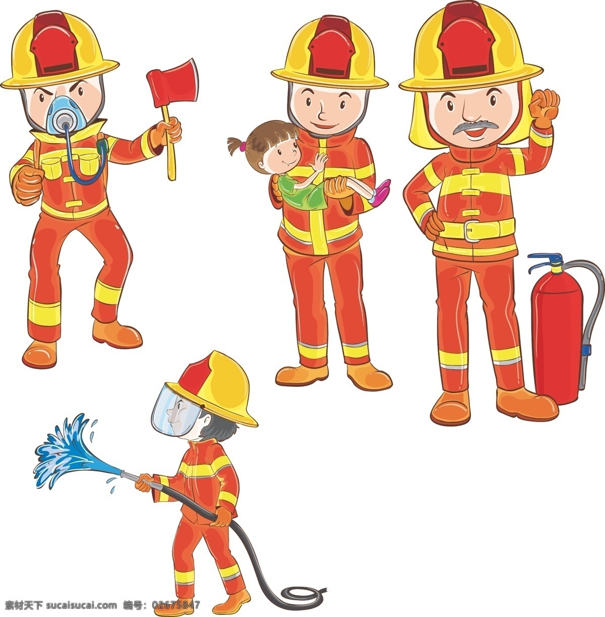卡通 消防员 卡通消防员 可爱消防员 小小消防员 灭火器 斧头 喷水枪 共享素材