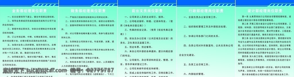 各部 门 岗位职责 制度 牌 经理职责 副经理职责 文员职责 业务部职责 财务部职责 行政部职责 设计部职责 上墙制度 制度牌 展板模板