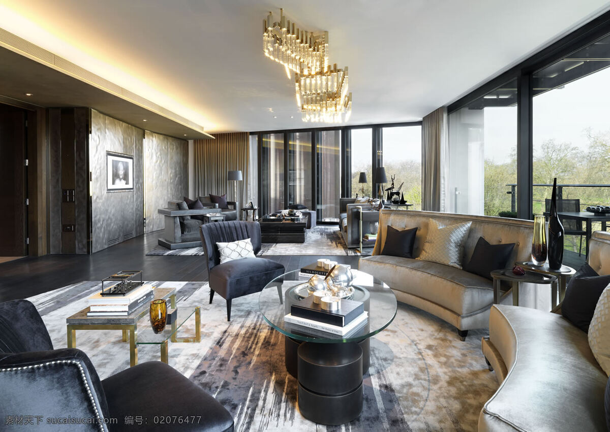现代 奢华 客厅 金色 水晶 吊灯 室内装修 效果图 客厅装修 金色吊灯 玻璃茶几 浅色沙发