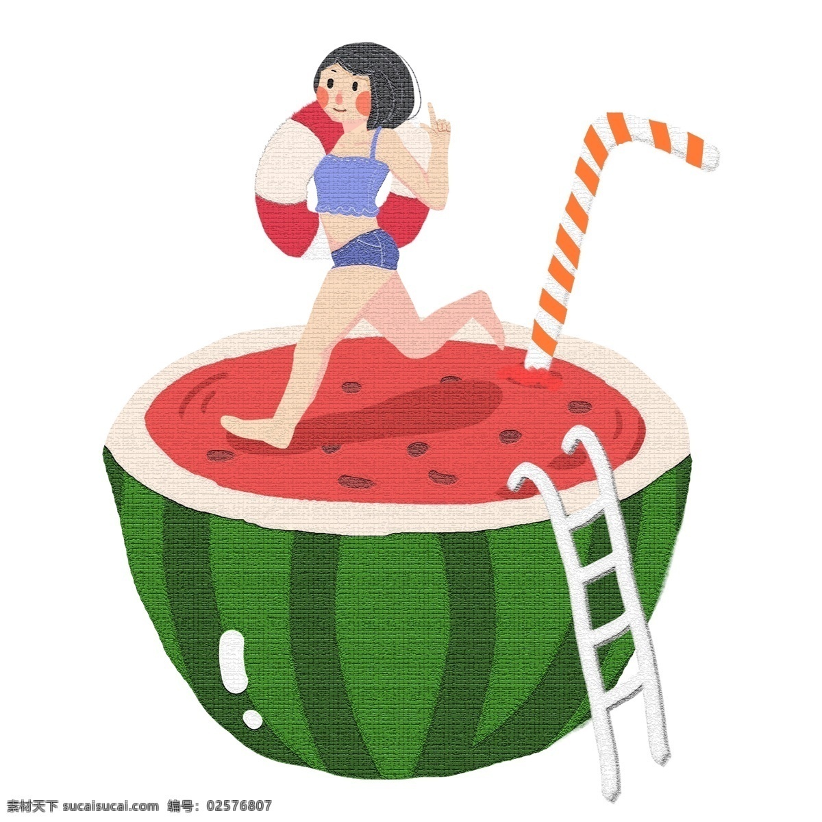 夏天 西瓜 孩子 手绘 插画 沙滩 游泳圈 乘凉 卡通 清爽 凉爽 夏季 嬉戏 开心 玩耍 童趣 避暑 降温 小清新