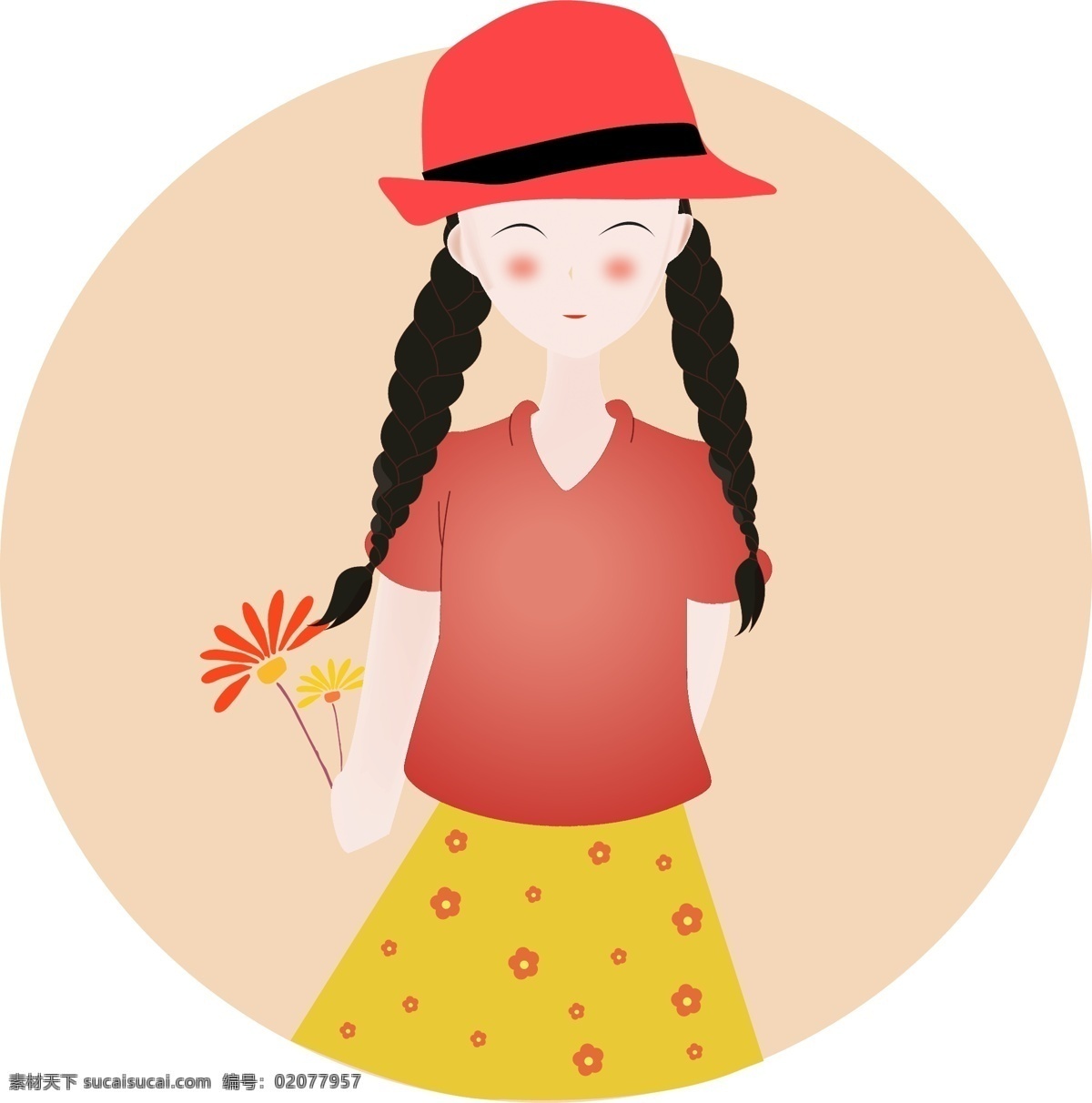 可爱 女孩 手 花 卡通 人物 元素 矢量人物 卡通人物 帽子 夏日 可爱女孩 手拿花 人物元素 红帽子 戴帽子女孩 辫子 黄裙子 碎花裙 红脸蛋 姑娘 微笑 微笑女孩
