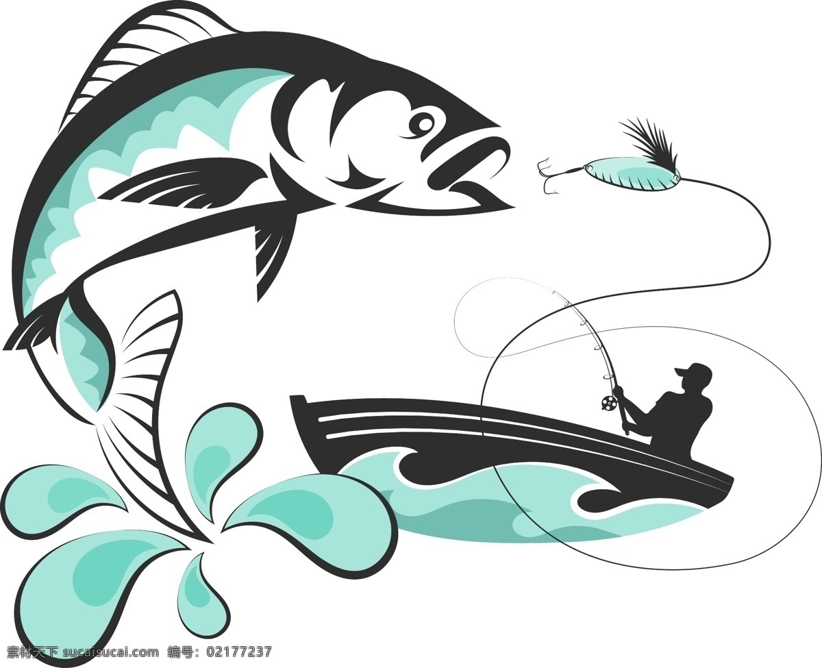 坐在 船上 钓鱼 人 矢量 船 渔夫 水 鱼 鱼钩 鱼竿 钓具 渔具 插画 动物 大自然 剪影 户外运动 绘画艺术 文化艺术 绘画书法