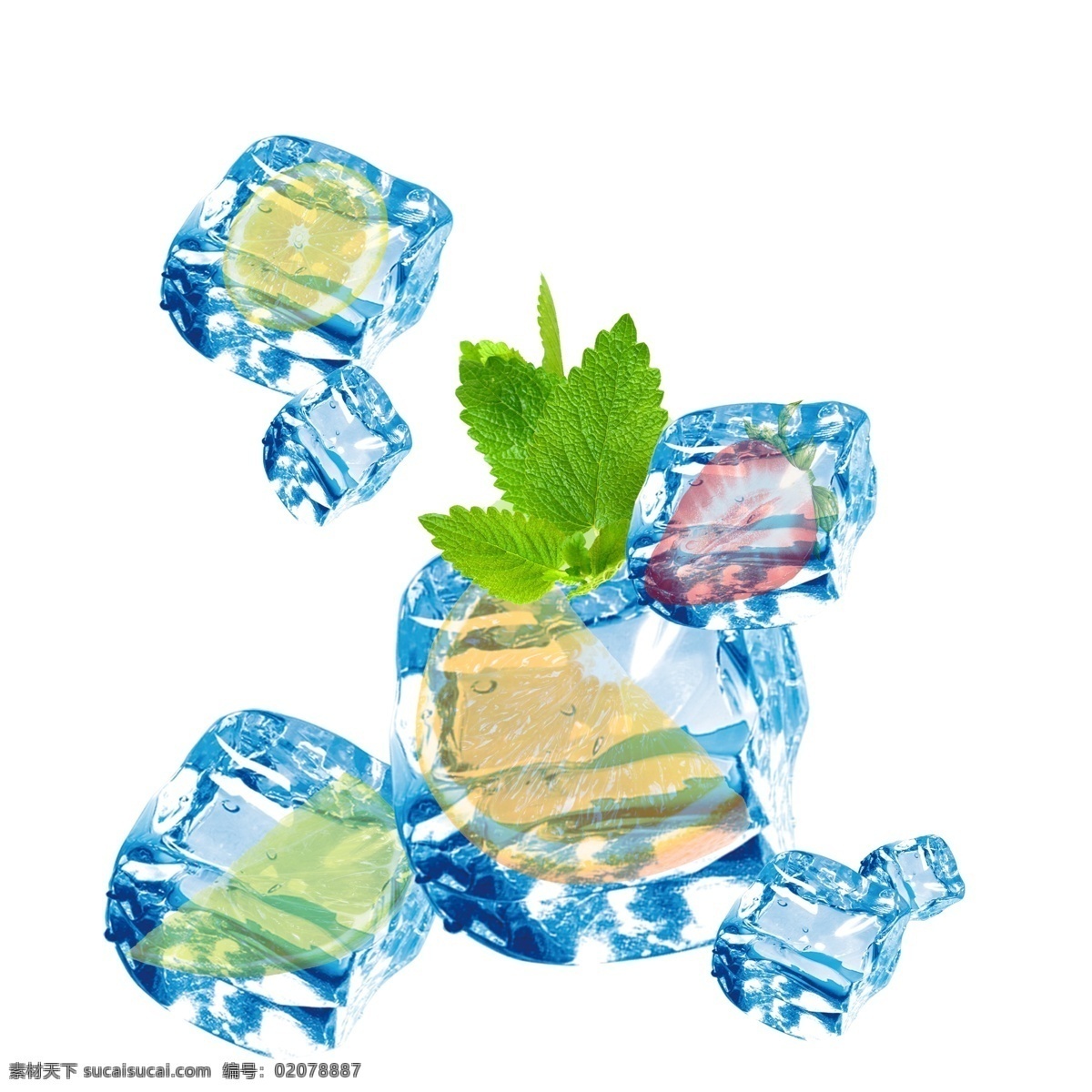 唯美 蓝色 冰块 包裹 水果 元素 冰 不规则图形 绿色树叶 蓝色冰块 几何冰晶 几何冰晶冰块