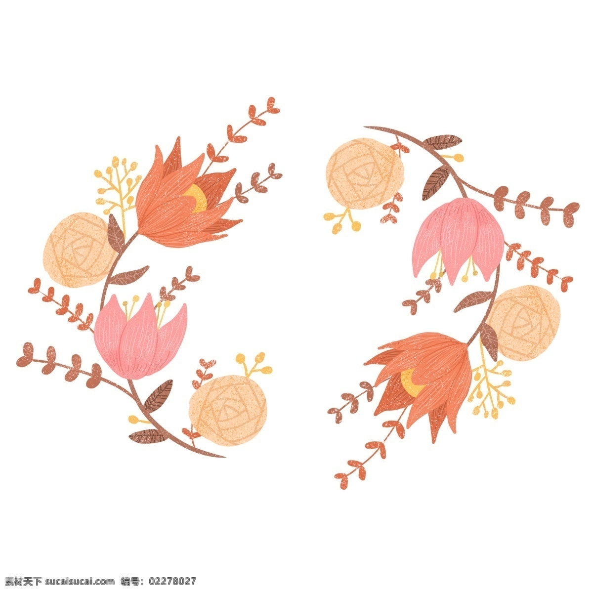 手绘 大花 元素 商用 橙 秋季 童话 花 边框