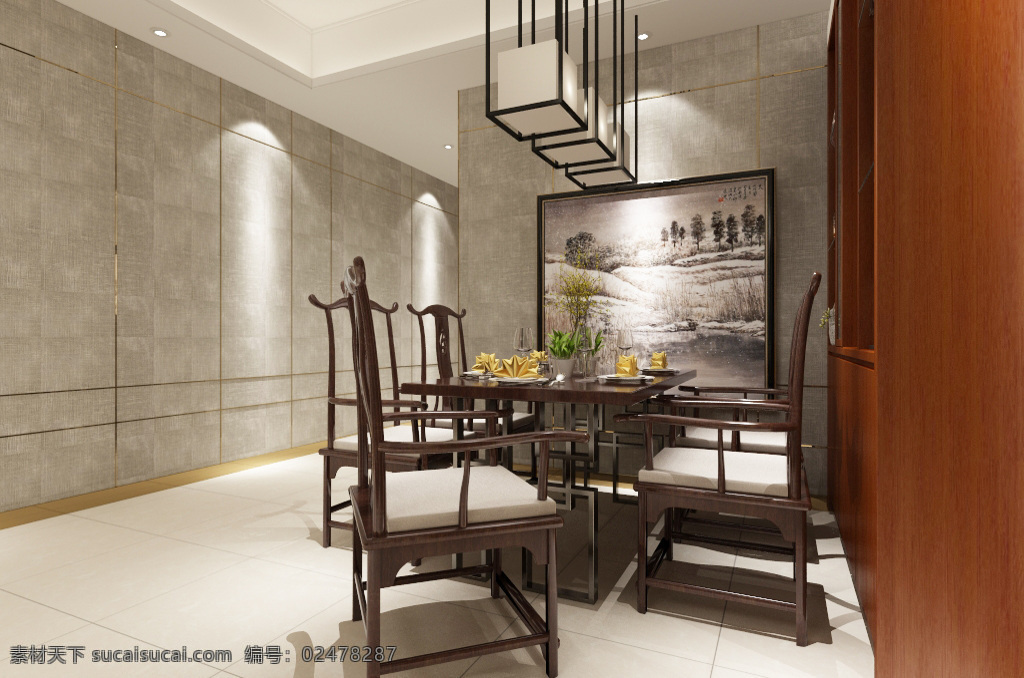 新 中式 风格 餐厅 装饰装修 效果图 装饰画 餐桌 室内装修 室内设计 3d模型 新中式风格 新中式餐厅 餐厅效果图 边柜