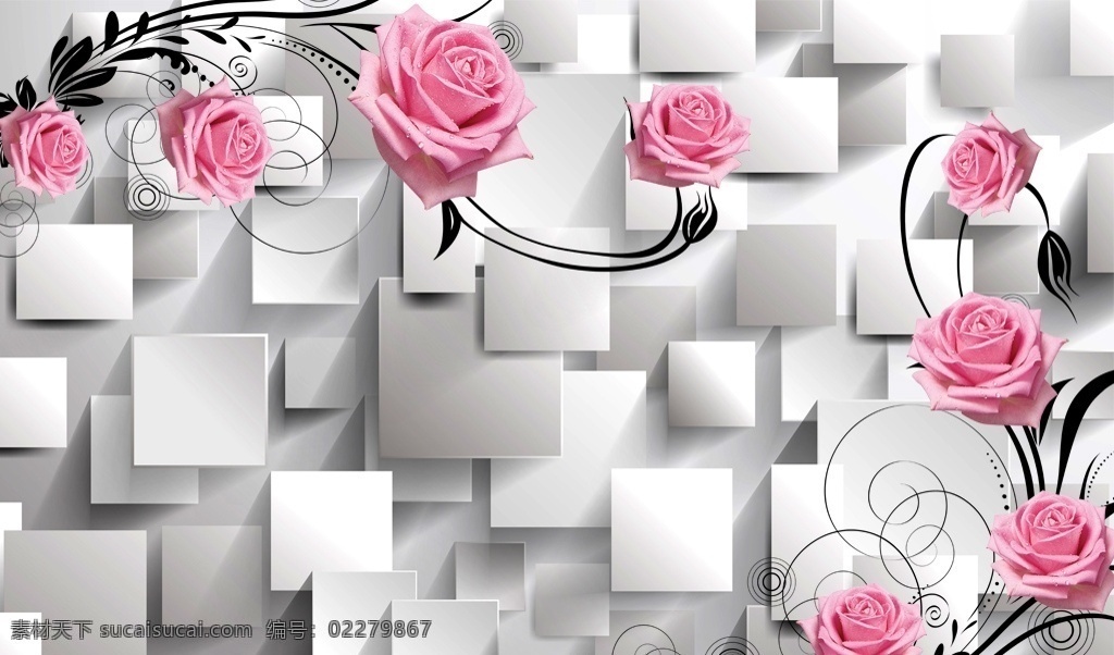3d 方块 玫瑰 立体 阴影 粉红色 简约 浪漫 花卉 花藤 分层 电视背景墙 装饰画 背景墙系列