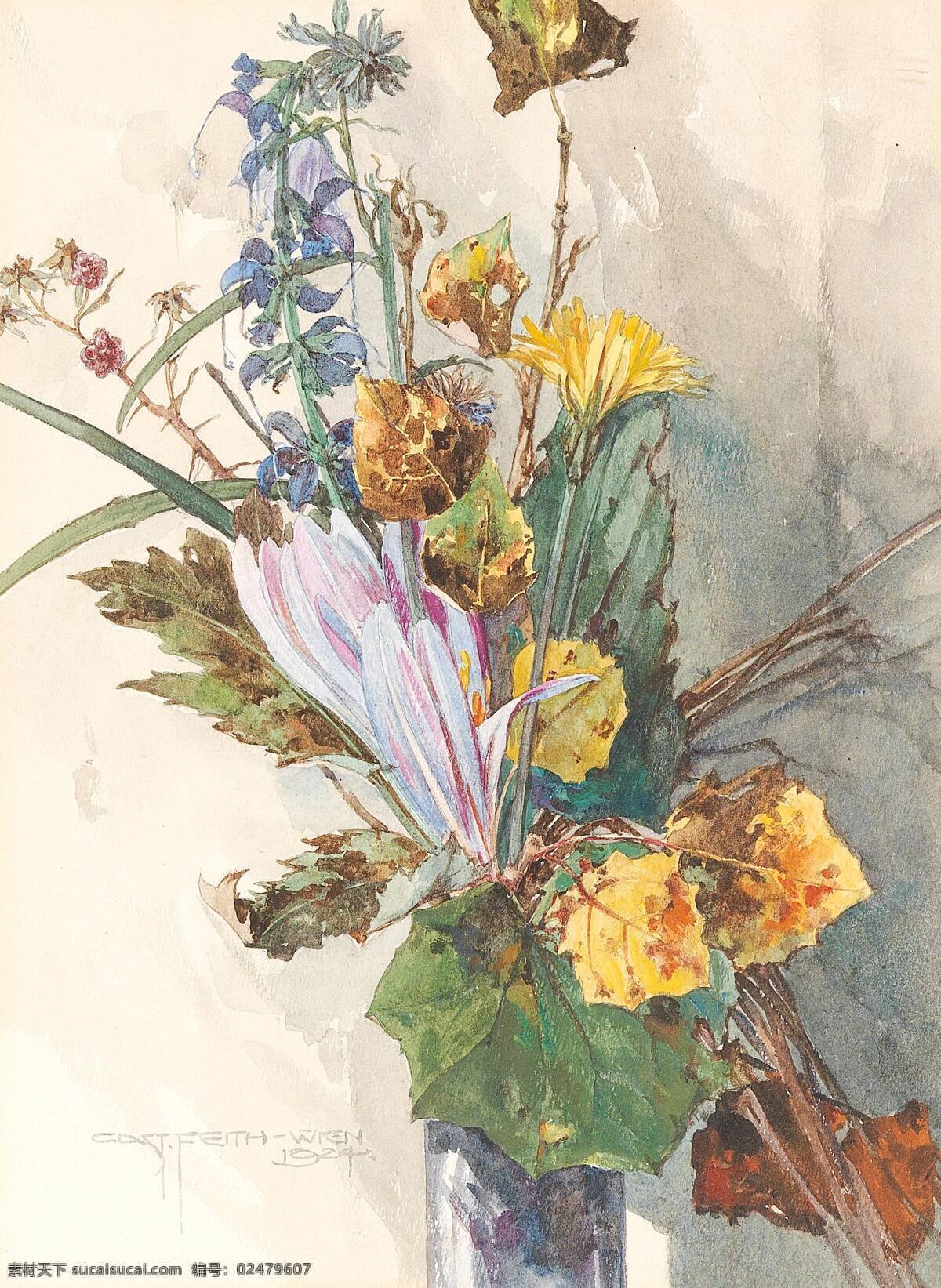 古斯塔夫 费斯作品 静物油画 秋天的花朵 盛开 剑兰 玻璃花瓶 19世纪油画 水彩画 文化艺术 绘画书法