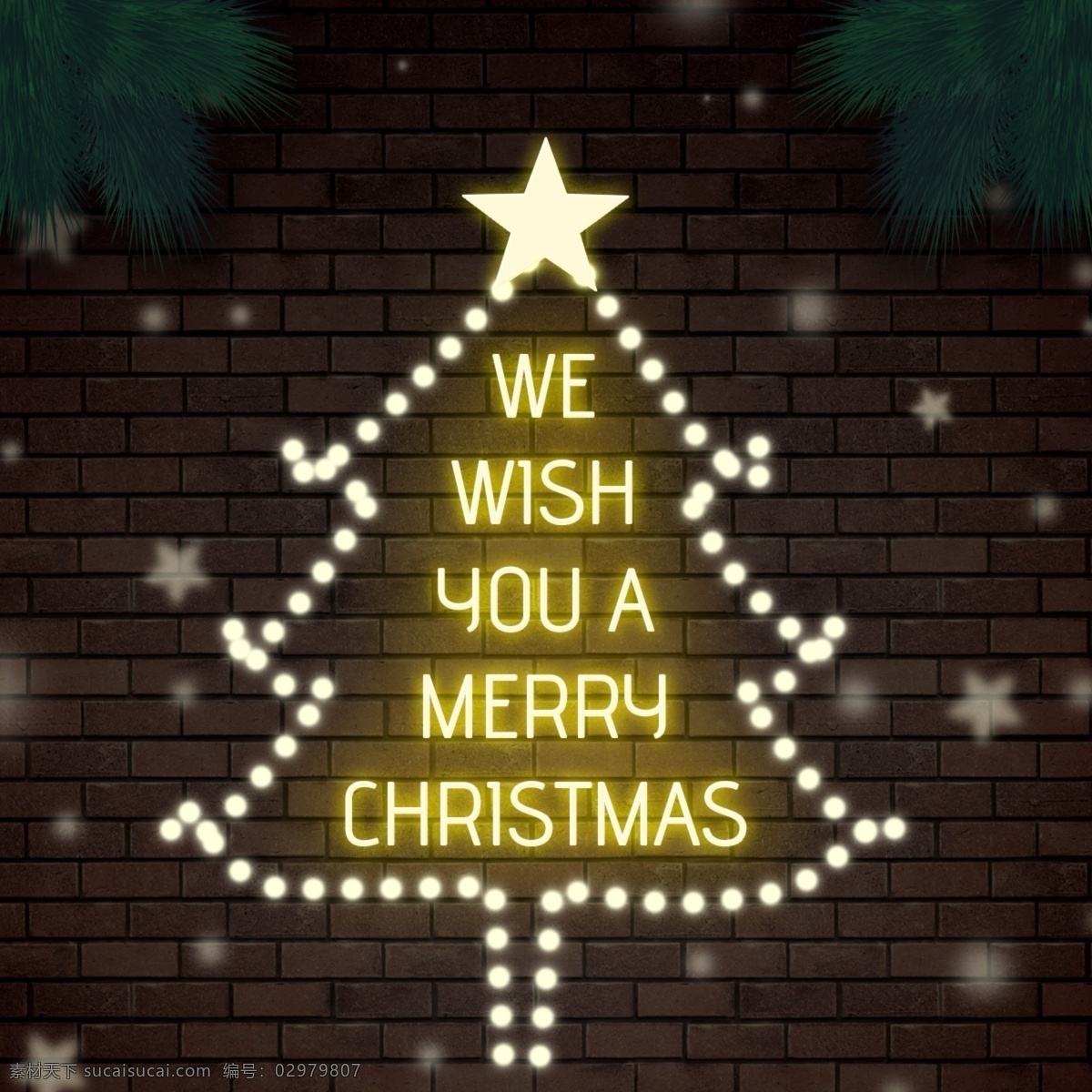 时尚 霓虹灯 圣诞树 背景 发光 复古 墙 墙面 松树 树枝 圣诞 祝 享用