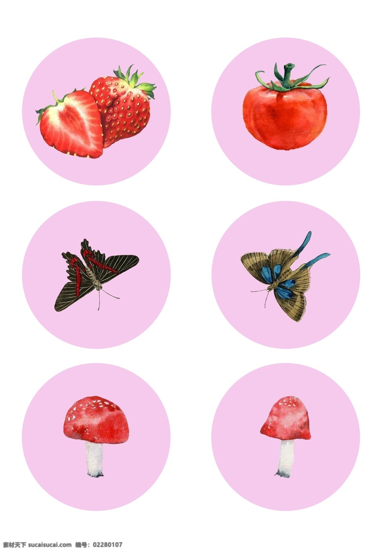 手绘 唯美 水果 蝴蝶 蘑菇 装饰 手绘png 可爱png 草莓 番茄 生动 用于 学习交流 海报制作 装饰等