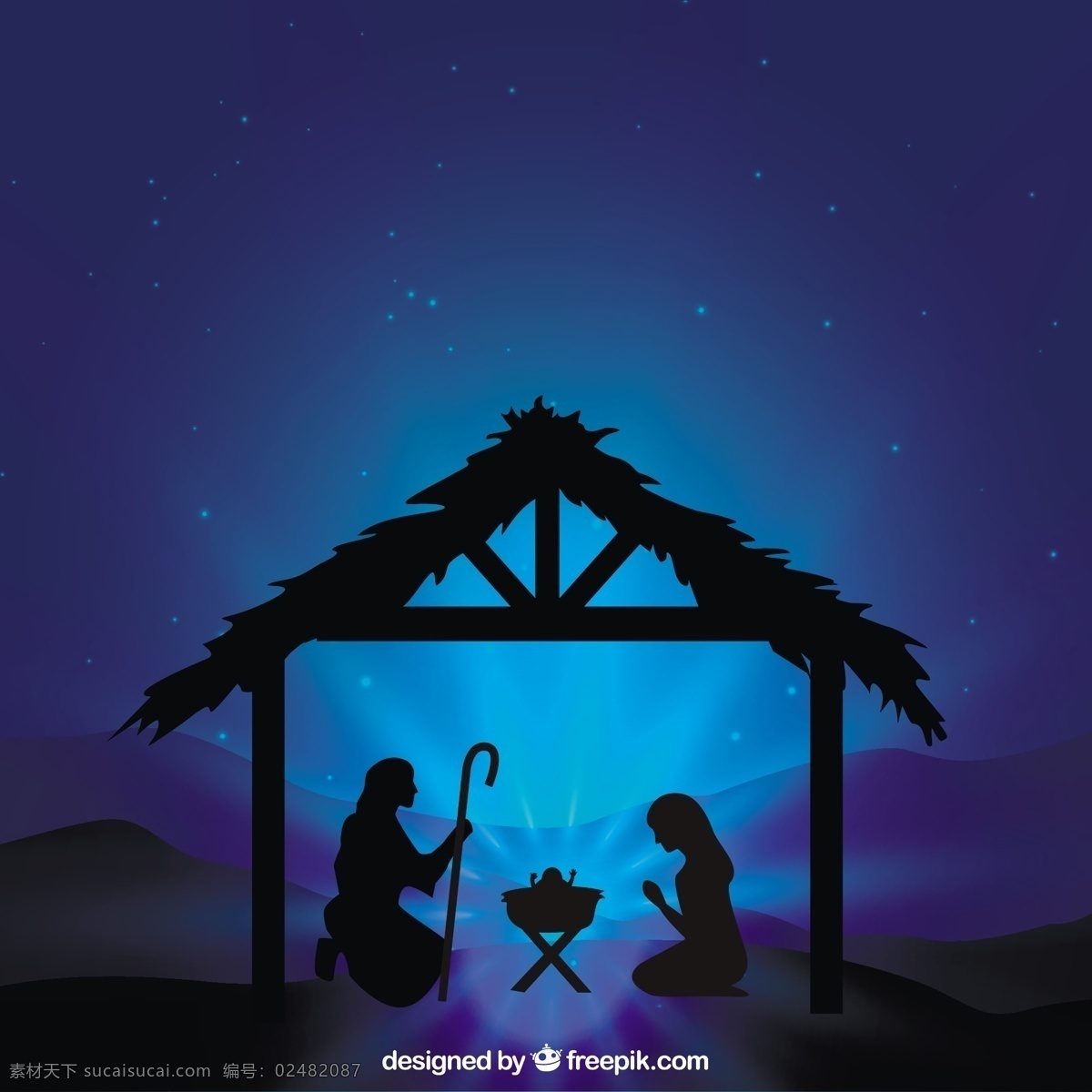 耶稣 诞生 场景 剪影 圣诞节 宝贝 明星 快活 冬季 蓝色 天使 快乐 庆祝 假日 晚上 鸽子 假期 插图 圣诞